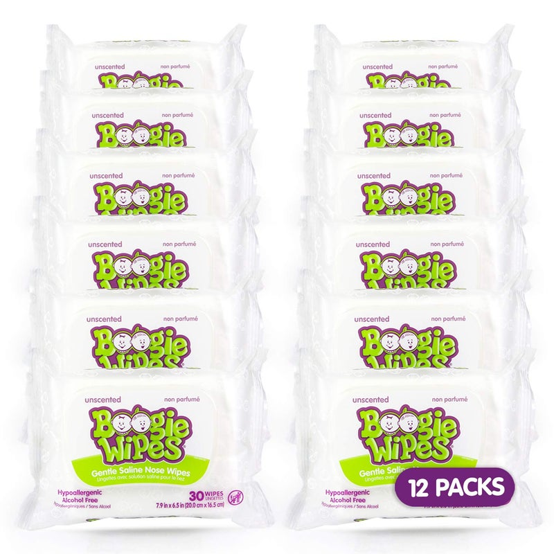 Boogie Saline Nose Wipes by Boogie, for Baby & Kids, Face, Hand & Body, Made with Vitamin E, Aloe, and Natural Saline, Unscented, 30 Count (Pack of 12) - Image 1